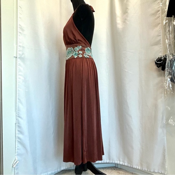 BCBGMAXAZRIA bronze brown teal embroidered beaded flower halter dress - Picture 4 of 16